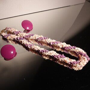 Vintage Pink and Purple Shell Beaded Necklace with Matching Earrings Set